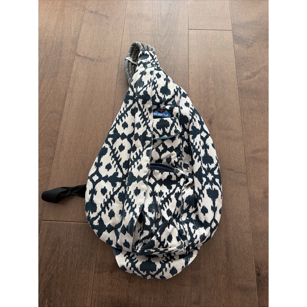 KAVU Rope Sling Canvas Bag Blue White Adjustable Strap 2 Zip Pockets 10L